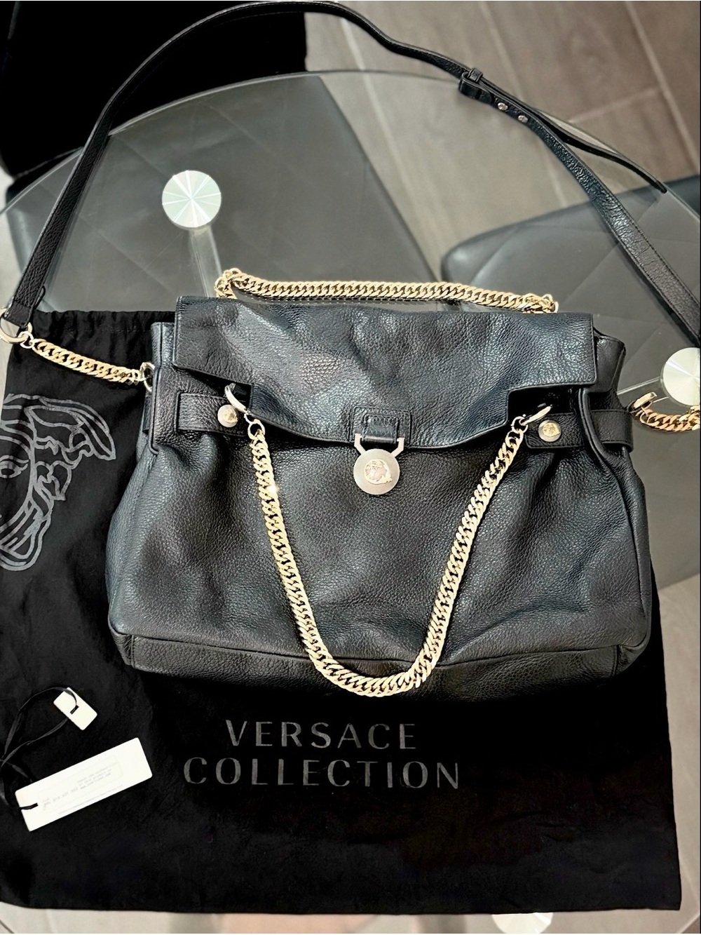 Versace Collection Black Leather Shoulder Bag with Gold Chain Accents